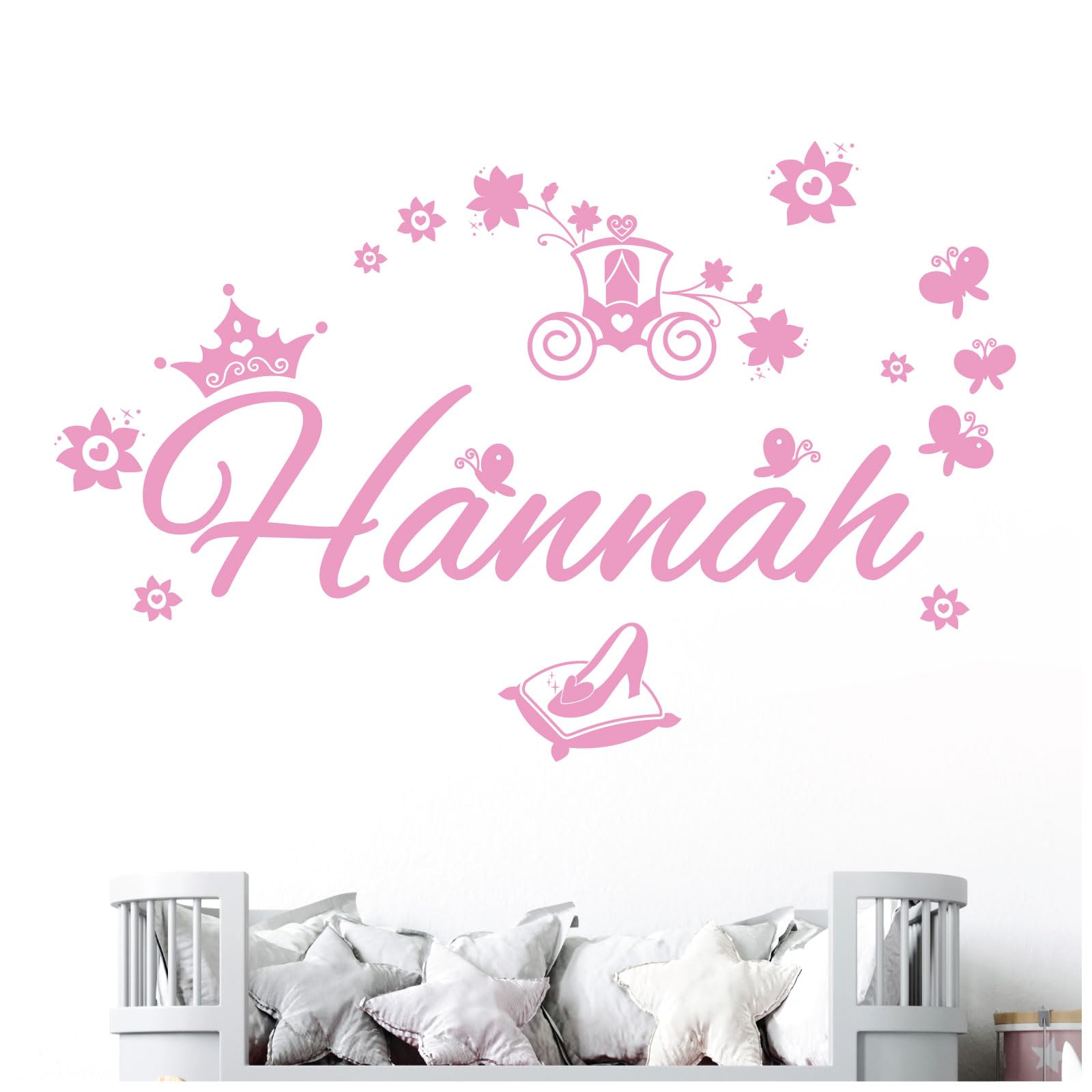Personalised Name Girls Wall Art Sticker - Princess Fairy Tale Cinderella Story [Medium] [Pink]
