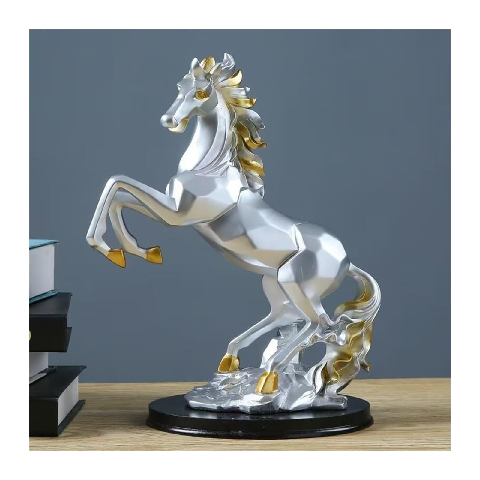 FriendshipHome Desk Figurines Creative Geometry Jumping Horse Figurine, Resin Sculpture, Home Decor with Black Base Home Décor Accents(Silver)