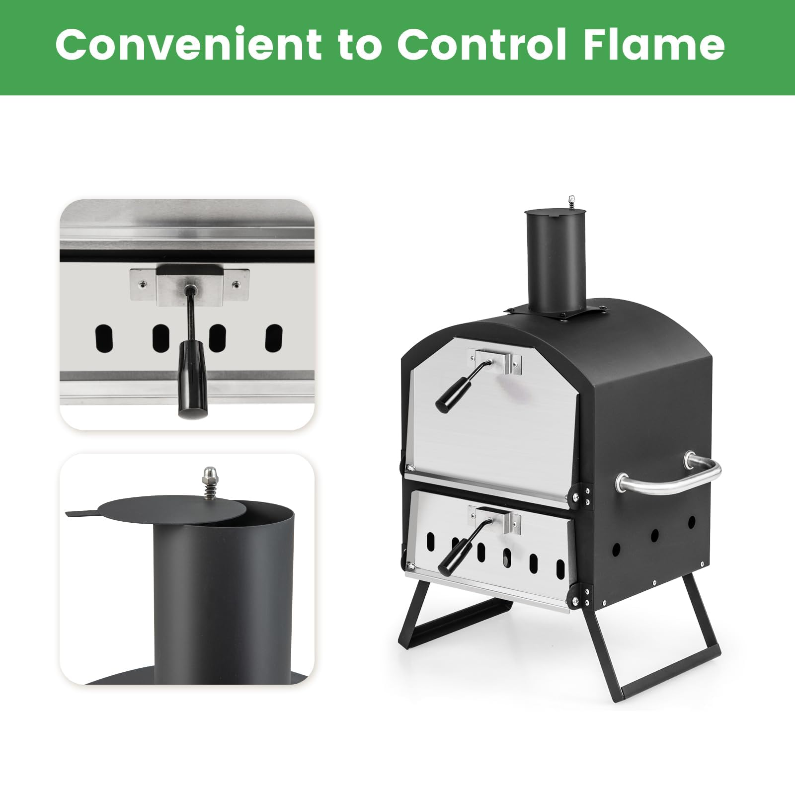KOMFOTTEU Pizza Offen Outdoor, Pizzaofen 600℃, Tragbarer Holzofen aus Edelstahl, Pizza Backofen 2 Stufen für Garten, Mini oven mit Pizzastein Pizzaschaufel Grillrost wasserdichter Deckel