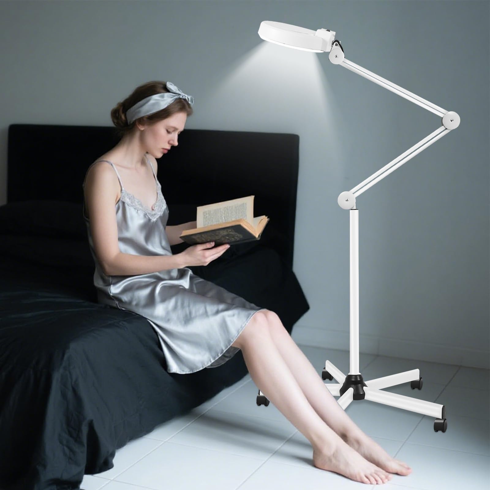 Lente di ingrandimento indipendente con rotelle, ingrandimento 5x, lente di ingrandimento LED con illuminazione, diametro 125 mm, testa girevole a 360°