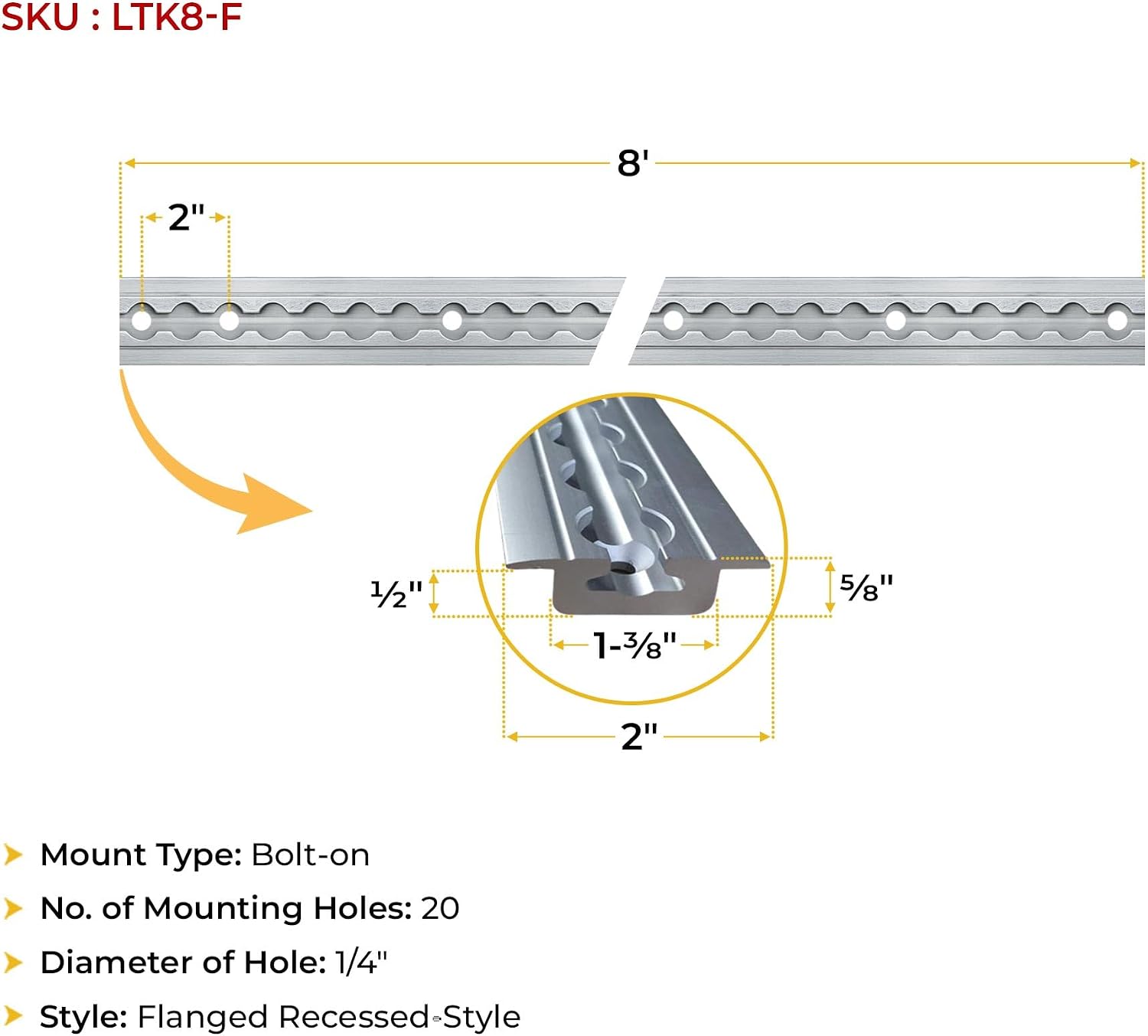 Mytee Products 4 Pack Heavy Duty Aluminum 8ft Flanged L-Track Trailer Universal Tie Down Rail for Enclosed, Utility Trailers, Cargo Vans - Recessed Installation, 20 Mounting Holes - Silver