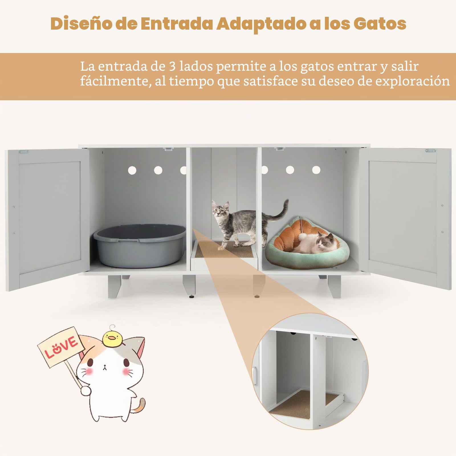 GOPLUS 3 en 1 Casa de Aseo para Gatos, Cajas de Arena para 2 Gatos, Arenero Cubierto con 2 Puertas con Patas Desmontables y Tabla de Garras Desmontable, Mesa Auxiliar para Mascotas 120 x 52 x 65 cm
