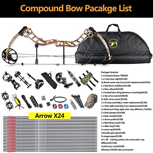 TOPOINT Trigon Compound Bow Full Package,CNC Milling Riser,USA Gordon Composites Limb,BCY String,19"-30" Draw Length,19-70Lbs Draw Weight,IBO 320fps (Black CAMO)