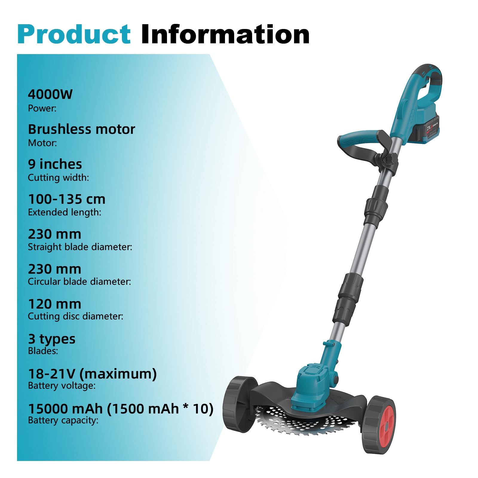 Desbrozadora a Batería Sin Cable, 4000W Desbrozadora Electrica Plegable, con Batería y 3 Cuchillas, Ancho de Corte 23 cm Longitud Retráctil, para Jardín, Césped y Patio (Azul de batería Doble)