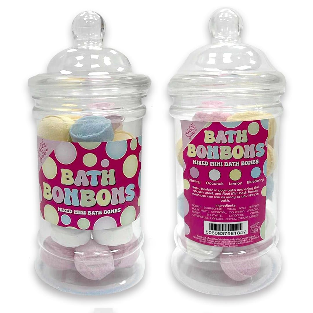 Bare BoutiqueBath Bonbons. 22 Mini Bath Bombs in a Traditional Sweet Style Jar. Blueberry, Coconut, Cherry and Lemon Scented. Gift for Mum, Gift for Daughter. Secret Santa Gift, Mothers Day Gift.
