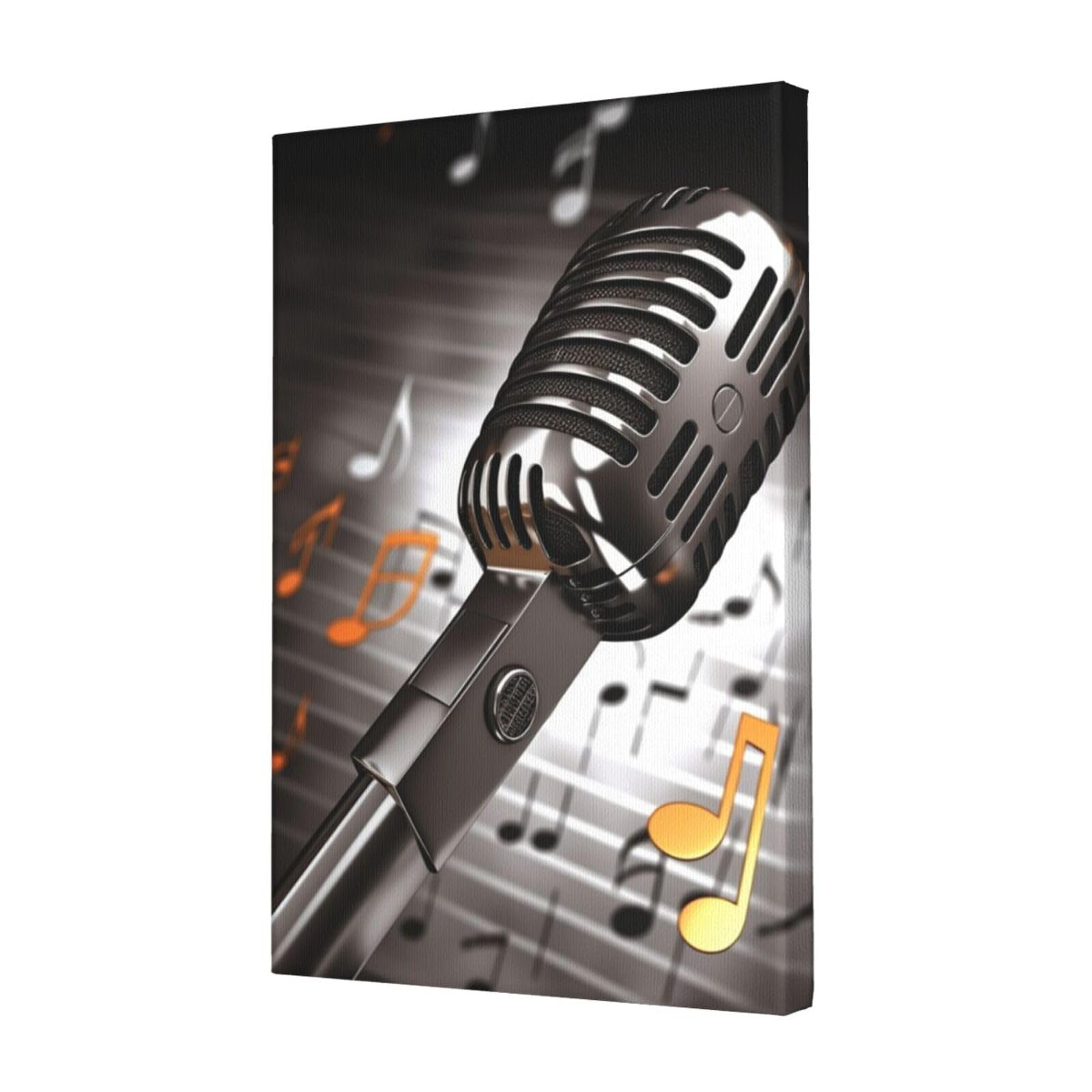 KLOPH Microphone with Music Notes Canvas Wall Art for Living Room 12"x18" Modern Artwork Painting for Bathroom Hanging Canvas Prints Aesthetic Wallart for Bedroom Kitchen Office Wall Decor