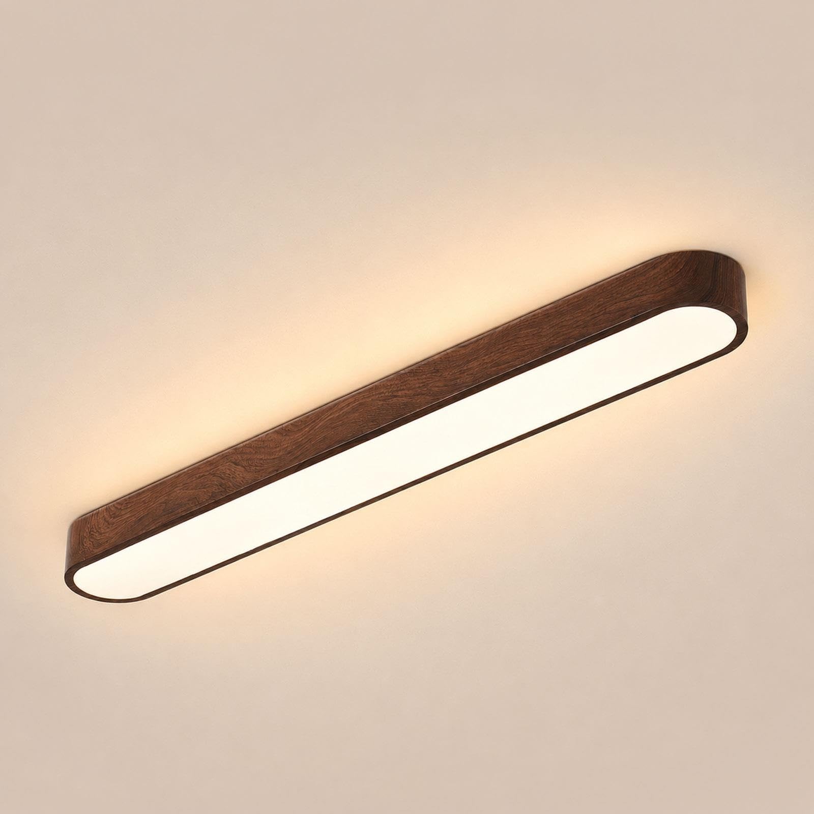 Lámpara techo lineal oval metal, acabado nogal, montaje a ras techo