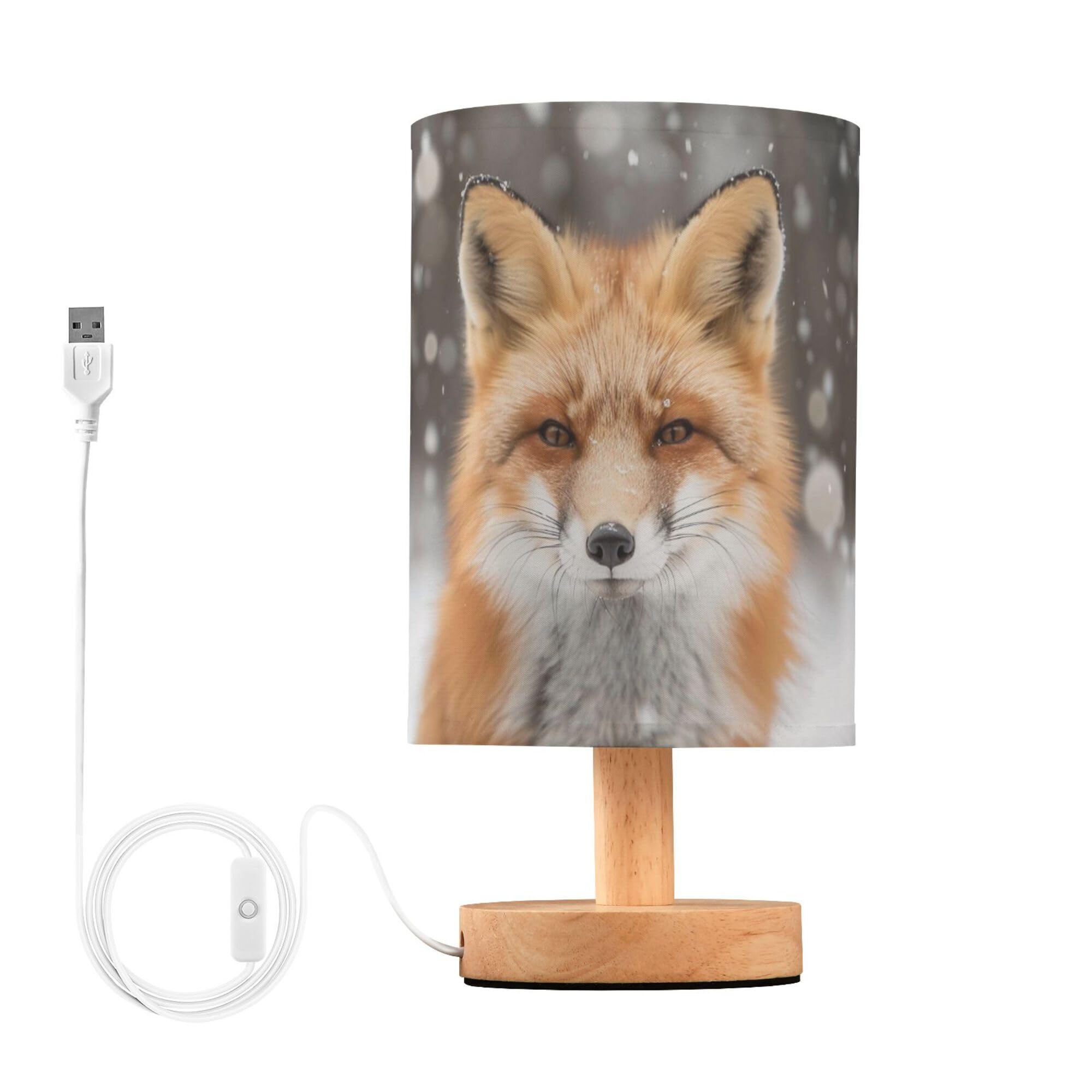 YYZZH Table Lamp Cute Fox Snow Nightstand Lamp with Wood Base Fabric Lamp Shade Bedside Desk Lamp for Living Room Bedroom Kids Room Office