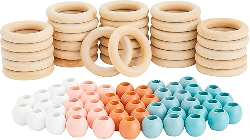Cuentas de madera pastel sin terminar y anillos de madera para macramé, manualidades (80 piezas)