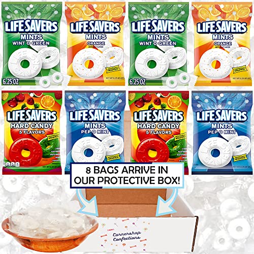 Lifesavers Hard Candy Mints 4 Flavor Bulk Variety Pack With Bowl - 8 Bags Included - Wint O Green, Orange, Pep O Mint, 5 Flavors - Nearly 400 Pieces Total - In Cornershop Confections Protective Box #TOP1