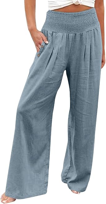 SHAOBGE Linen Pants Women Comfy Flowy Wide Leg Pants Trousers Summer High Waisted Beach Palazzo Pants with Pockets 2024