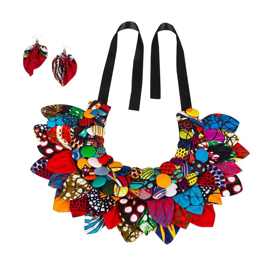 African Necklace Earring Set Ankara Handmade Necklace Button Petal Splice Necklace Women's Jewelry