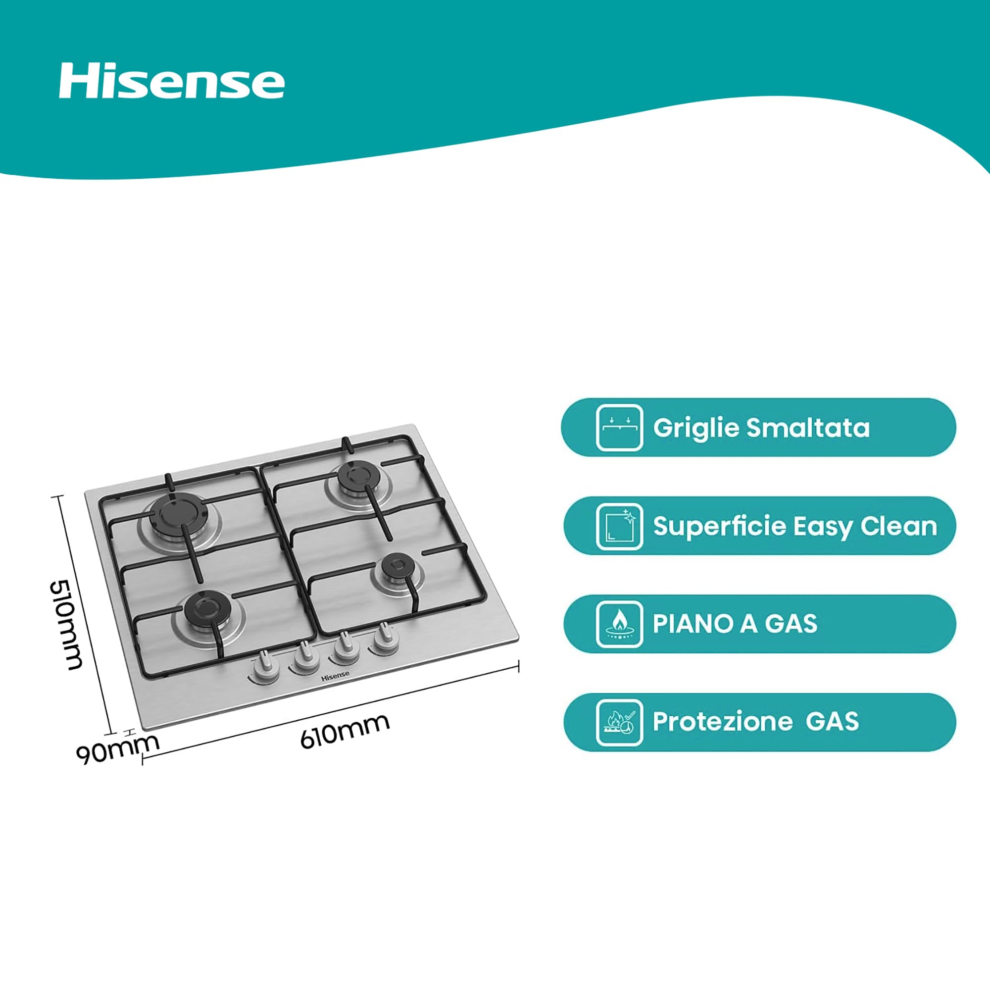 Hisense GM642XF Piano Cottura A Gas con 4 Zone Di Cottura, Griglie Smaltate, Accensione Integrata nella Manopola, Finitura Inox Anti Impronta, Argento