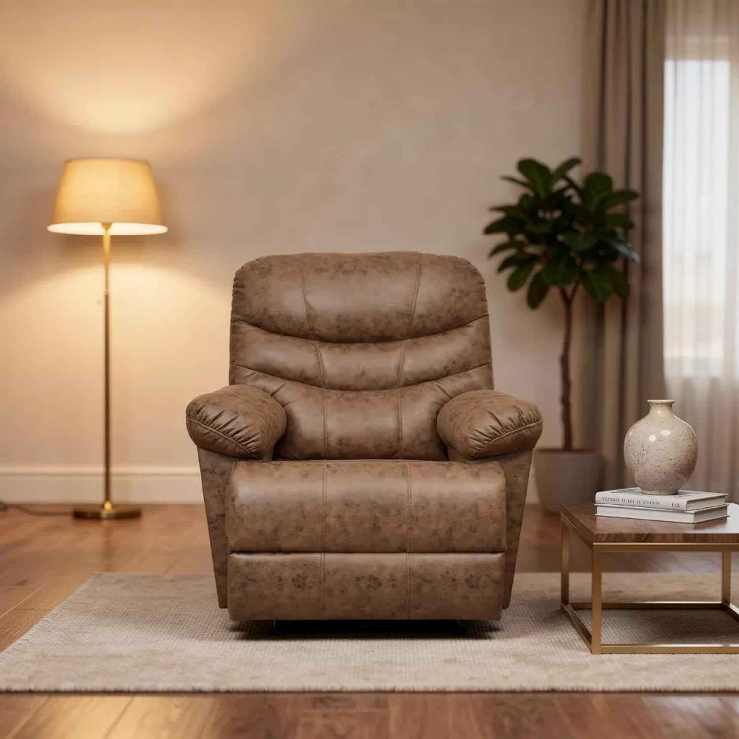 Motorized Recliner Chair | Tan Suede Electric Recliner | Push Button Single Seater Recliner | Senior Citizen Friendly Recliner for Living Room Bedroom Seating