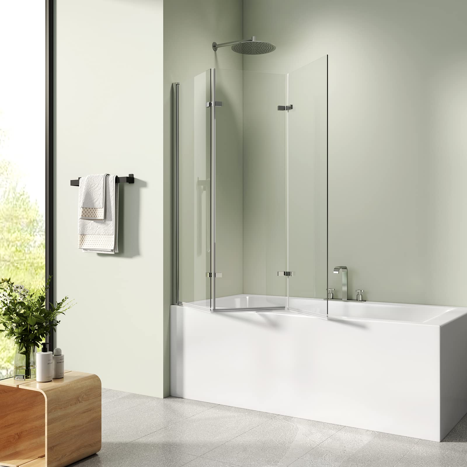 S'AFIELINA Mampara Bañera Plegable 130x140 cm, 3 Hojas | Mampara de Ducha para Bañera con Cristal ESG Templado 6 mm, Tratamiento Antical NANO y Fácil Limpieza