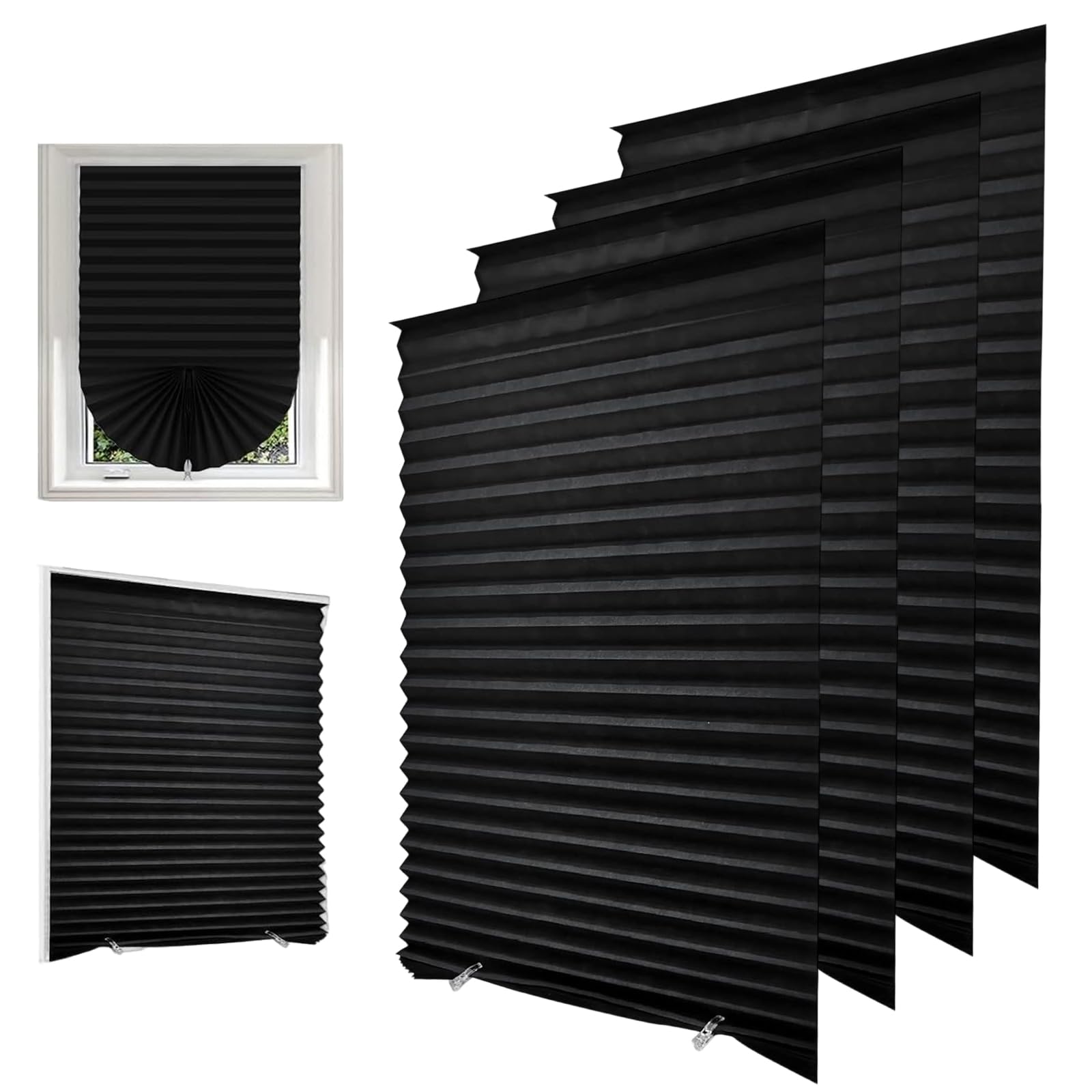 4 Pack 900x1800mm Temporary Blinds, No Stick on Blind Black Pleated Paper Blind High Blackout No Drill Blinds with Clips Easy Install for Kitchen Bathroom Bedroom