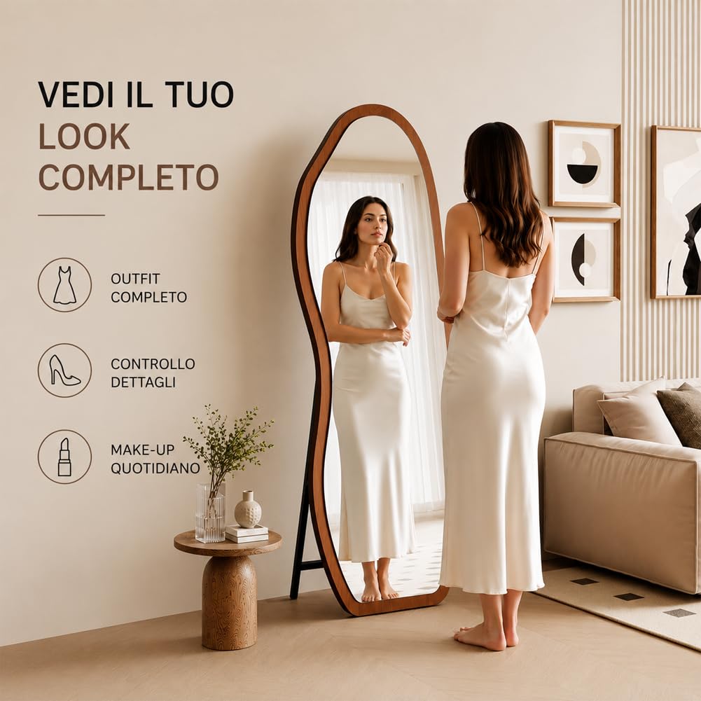 Shally Dogan Specchio ad Onda Rovere Figura Intera Indipendente Autoportante con Struttura in Legno da Pavimento Terra, Design Moderno, Decorazione da Interni per Camera da Letto, Ingresso 160 x 60 cm