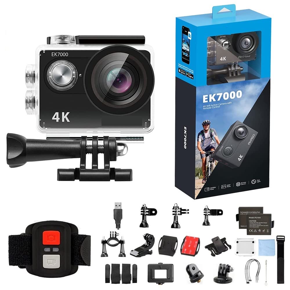 Action Cam, EK7000 4K Action Camera Videocamera DV Impermeabile Ultra HD Telecamere da 12 MP Fotocamera Sportiva Grandangolo da 170 Gradi Originale,All'aperto, Sport, Video