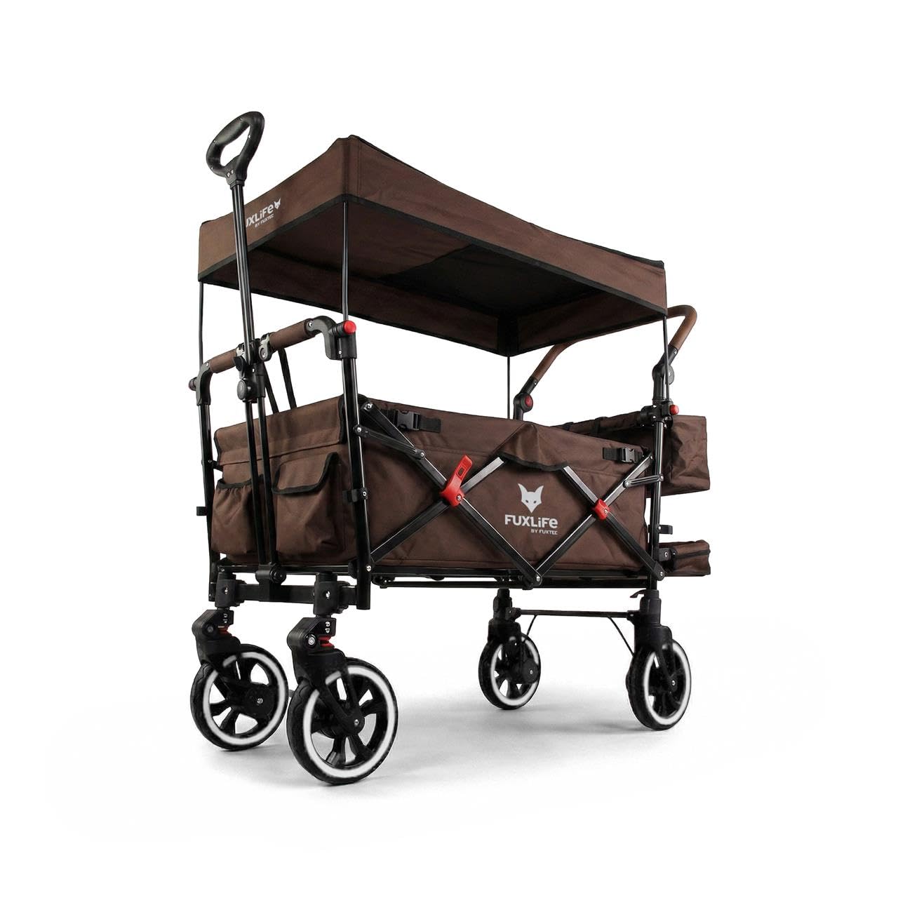FUXLIFE handcart FX-CT850 brown - comfort foldable - children's transport trolley with sun canopy - padded interior with extension - sprung wheels - foldable handcart with rear bag