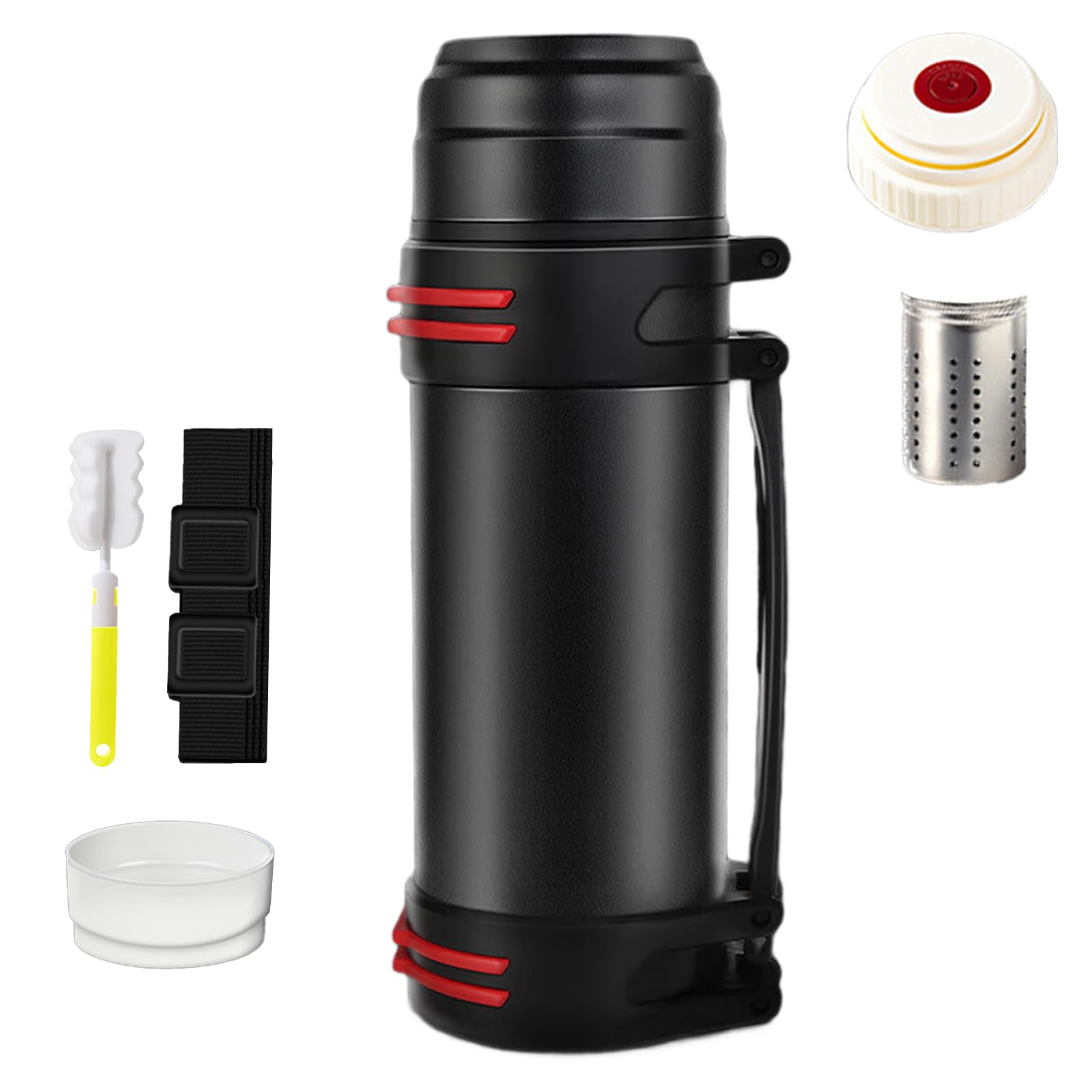 VAODO Large Thermos Flask with Handle, 2.5L Stainless Steel Insulated Thermos Flask with Cup Brush, Strap and Small Bowl, Hot & Cold Beverage Portable Insulated Kettle, for Home, Outdoor Sport, Black