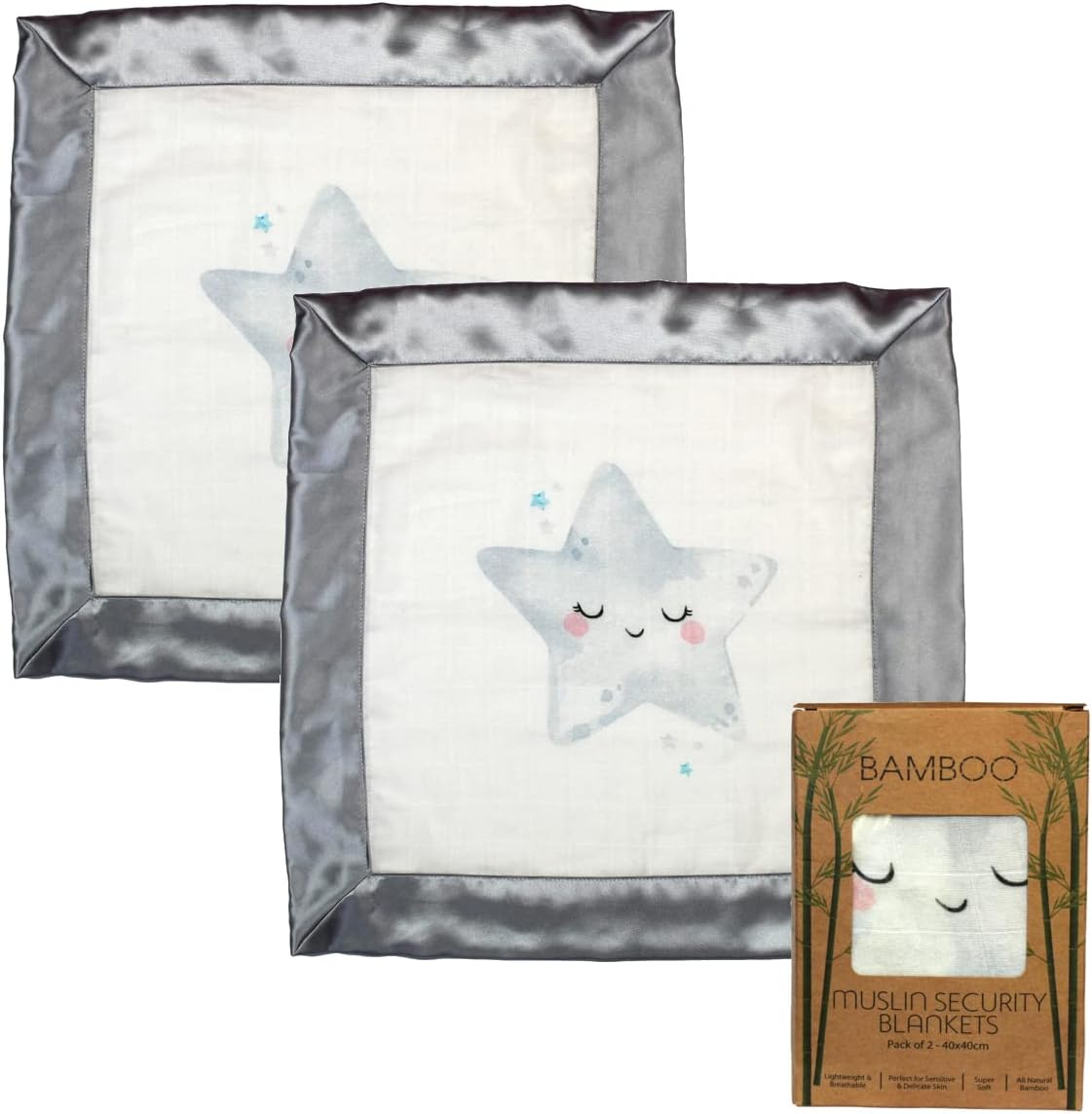 Bamboo Baby Sensory Muslin Square/Comforter/Security Blanket - Pack of 2-40x40cm - 70% Bamboo / 30% Cotton with Satin Edge : Baby Boys or Girls (Sleeping Star)