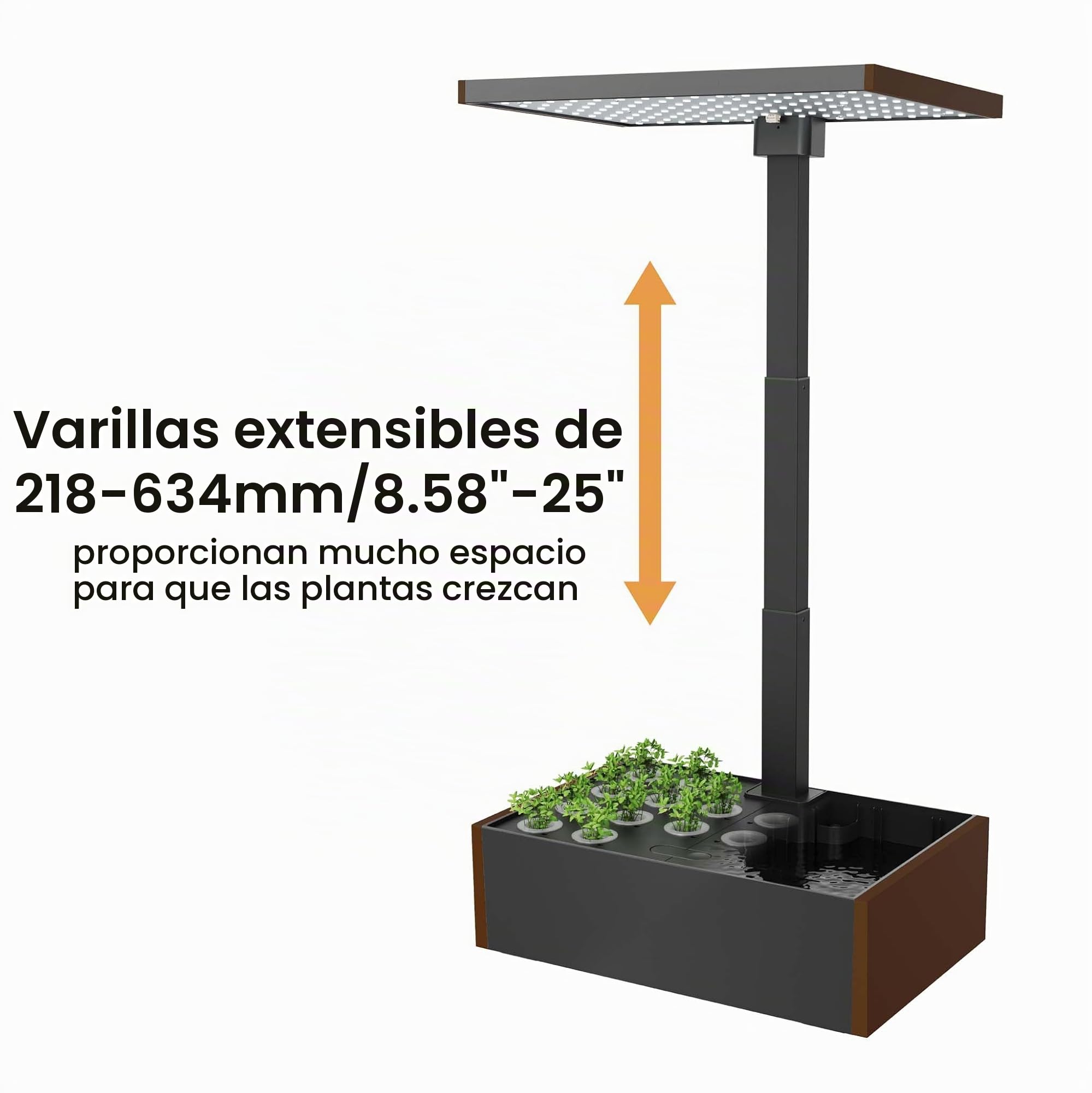 WilTec Huerto de Interior marrón, Altura Ajustable 21-64 cm, hasta 20 Plantas, Panel de Control, iluminación LED, depósito de Agua 9,8 l Sistema de jardín