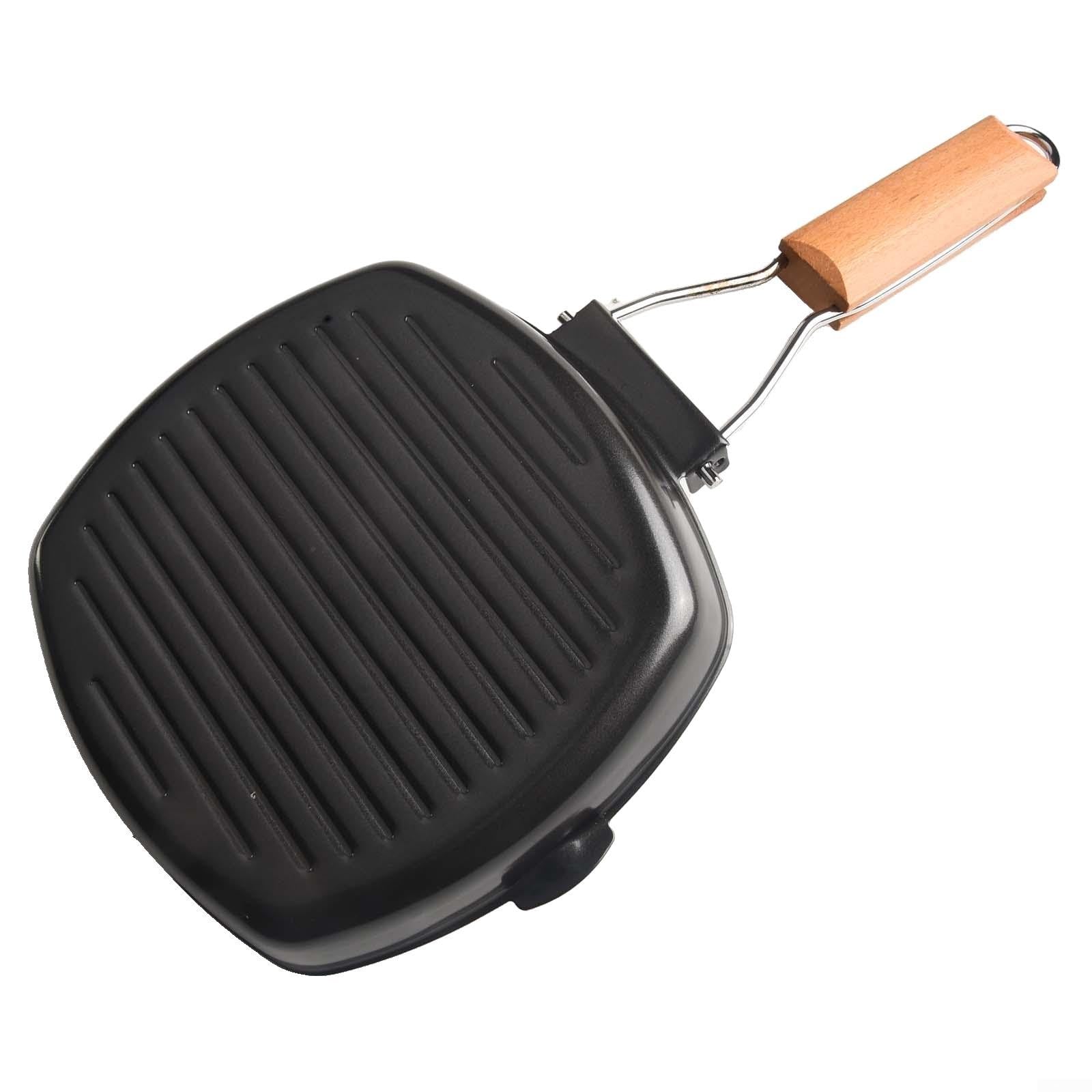 Griddle Pan Cast Iron 20cm Rectangular Grill Skillet Non-Stick Coating Foldable Handle for Camping