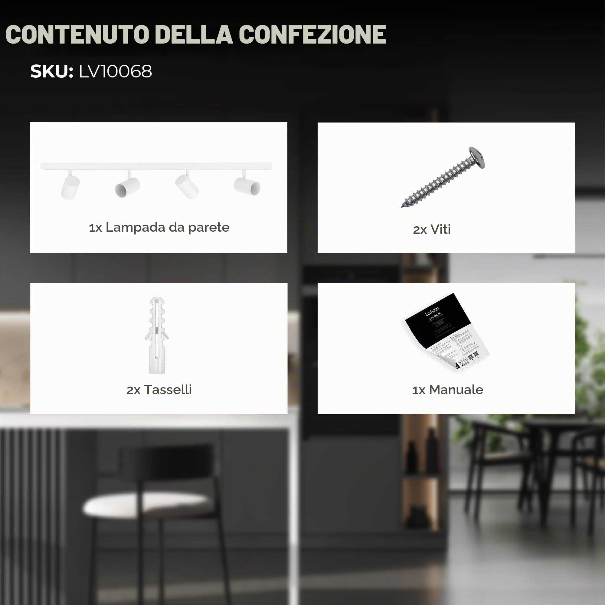 Ledvion Faretto LED Soffitto Bianco 4 luci attacco GU10 senza lampadina | per corridoio soggiorno cucina camera e ambienti interni asciutti