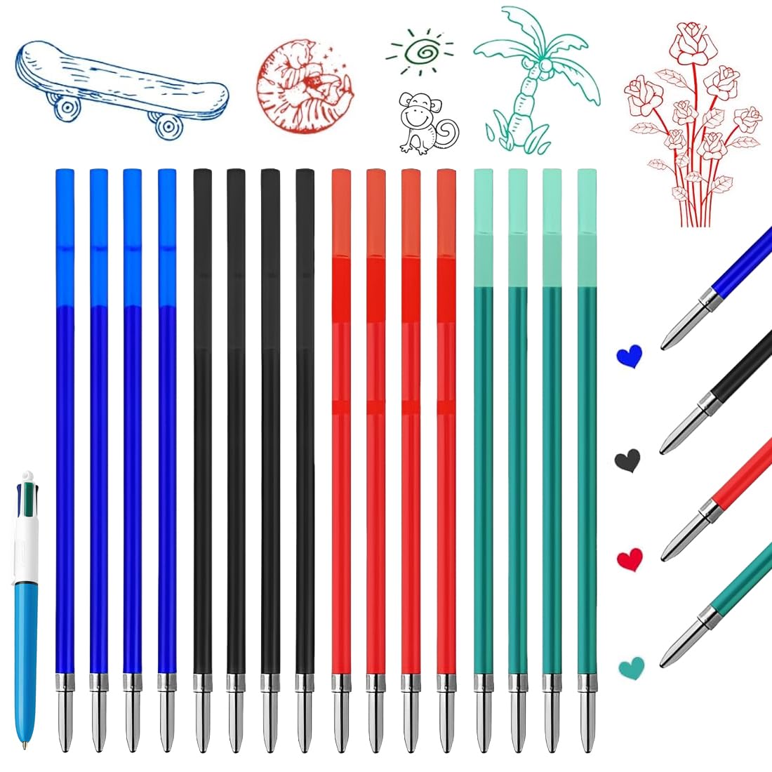 16 Pieces, for Bic Pen 4 Colours, 4Colours Pen Refill, 1 mm