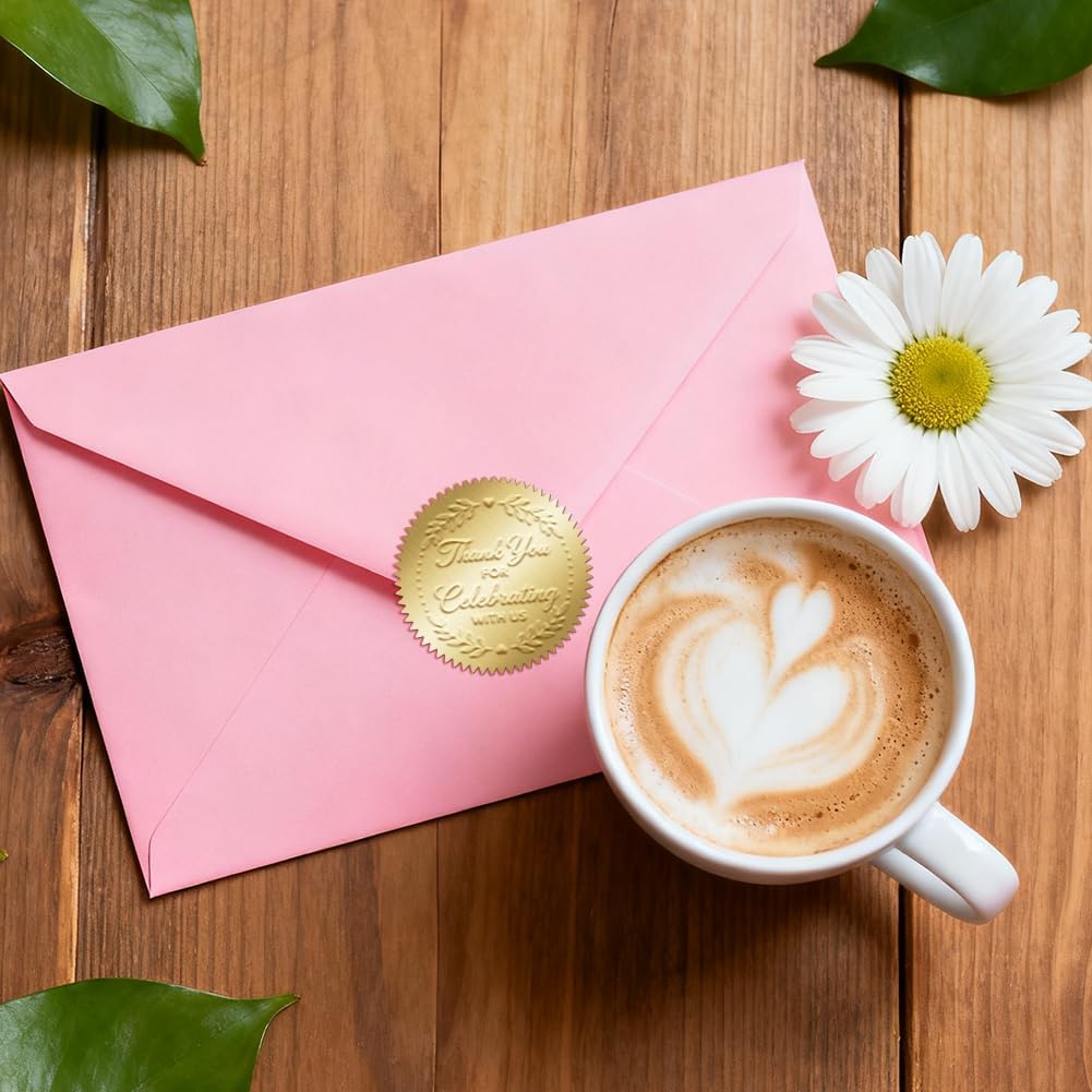 ANATTASOUL Letter Book Embosser Personalized Thank You for Celebrating with Us Pattern Book Stamp, Durable Library Stamp with Handle Set for Books, Envelopes, Documents, Invitation（100Pcs Stickers