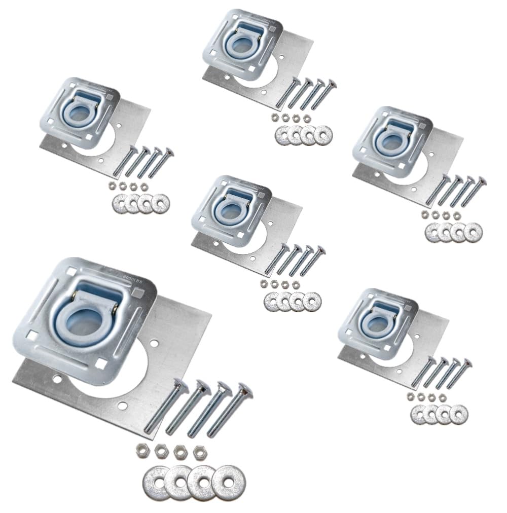 6-pack - Recessed Pan D-ring Trailer Tie Downs (6,000 Lb. Capacity) and Heavy Backer Plates, Including Mounting Hardware (Complete Set: 24 Carriage Bolts, Washers and Nylon Lock Nuts)