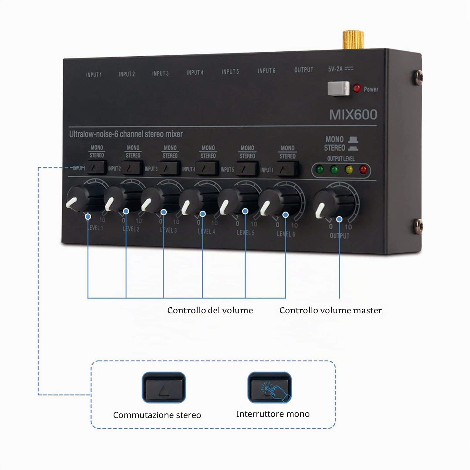 Mini Mixer Audio, Mixer di Linea Stereo Portatile, 6-Stereo Ultra, 6 Canali a Basso Rumore per Missaggio Secondario, Ideale per Piccoli Club o Bar, Come Mixer per Chitarre, Bassi