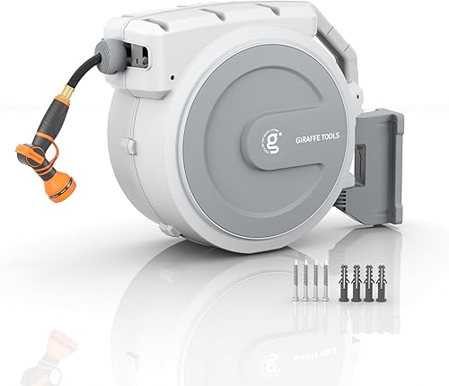 Giraffe Tools Carrete de manguera de jardín retráctil, carrete de manguera resistente de 58 pulgadas x 90 pies con boquilla de 9 patrones, bloqueo