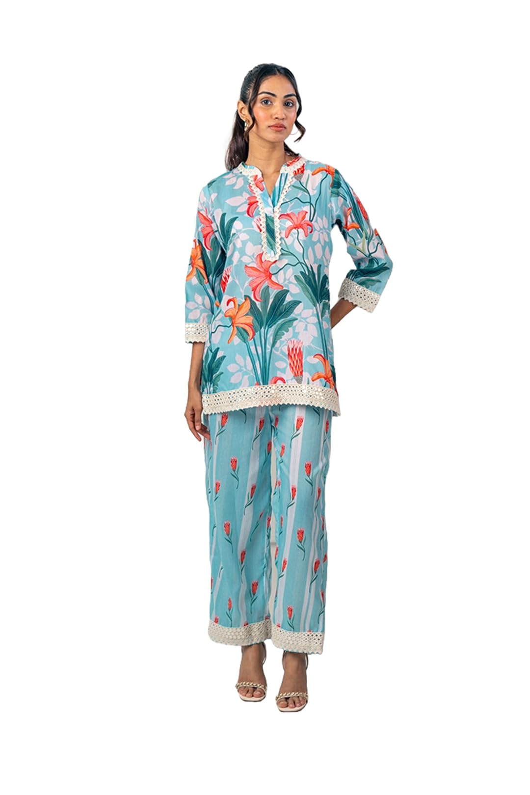 India Circus by Krsnaa Mehata Blue Floral Floats Co-Ord Set for Women Stylish Kurta Set Ethnic Printed Co-Ord Set-picture-13