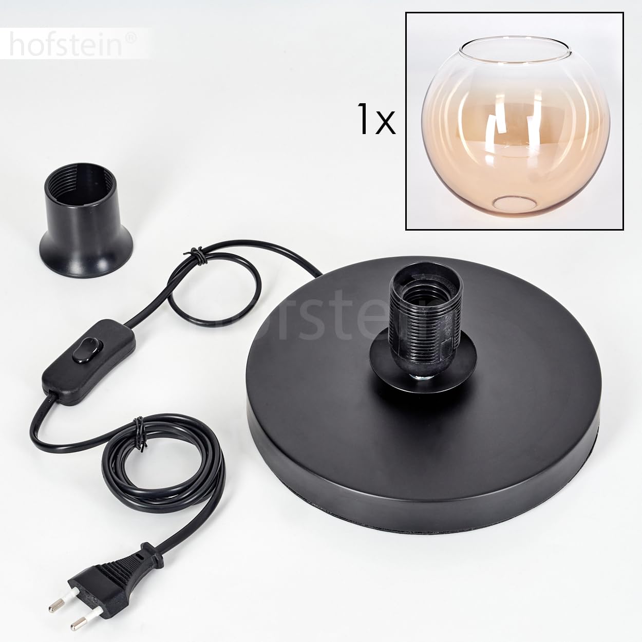 Tischleuchte Apedo, Tischlampe aus Metall/Glas in Schwarz/Bernstein/Klar, Leuchte im modernen Retro/Vintage-Design mit Schirm aus Glas (Ø 20 cm) u. An/-Auschalter am Kabel, 1 x E27, ohne Leuchtmittel