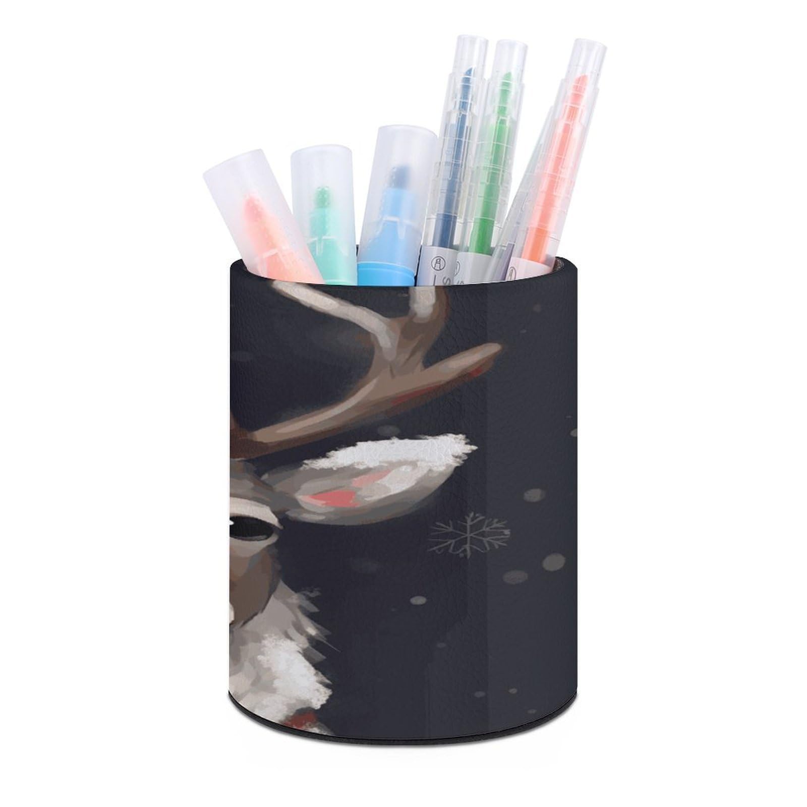 LDGSUPH Reindeer Round Pen Holder Leather Pen Cup Pencil Cup Pen Organizer Pencil Holder for Desk Organizer Pencil Organizers Makeup Brush Holders for Home Office Gift
