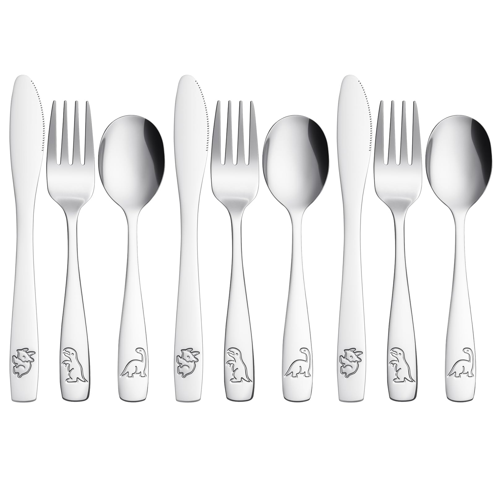 AUAUY 9pcs Stainless Steel Cutlery Set, Silver Dinosaur Design Flatware Set