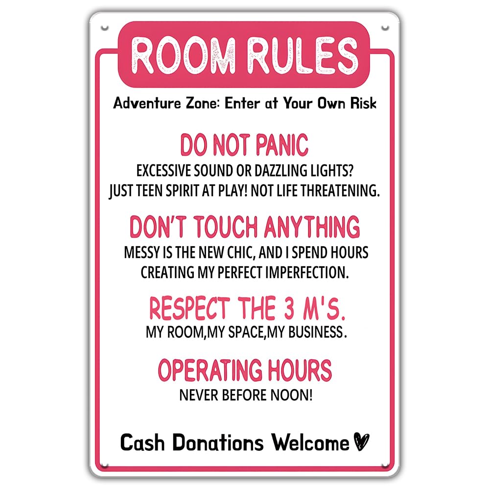SMAZDFXX Room Rules Sign for Teen Girls - Cute Pink Cool Preppy Room Decor, Funny Metal Signs for Bedroom, Girls Room, Dorm Door and Wall Decor Art, Cool for Teen Girls 12"x16"