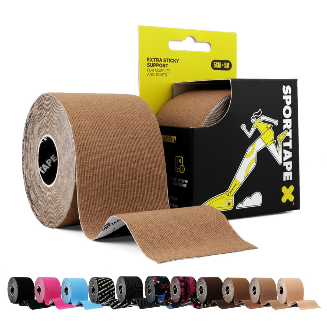 SPORTTAPE Skin Tones Kinesiology Tape, 5cm x 5m, Light Brown - Waterproof & Hypoallergenic Kinetic Physio Tape for Muscle Injury Recovery, Sports Strapping, Joint Support & Blisters, Single Uncut Roll