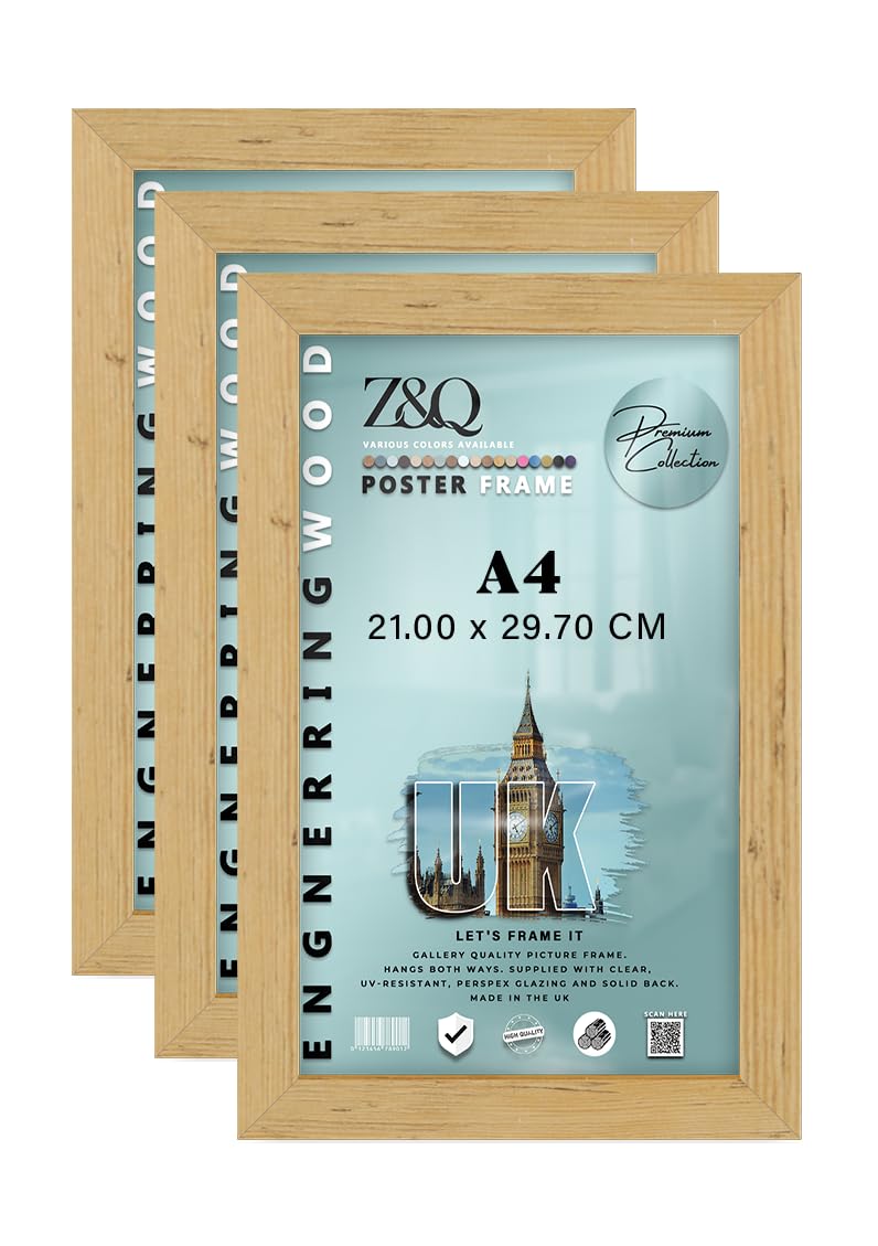 Z&Q Pack of 3 MDF Wood Finish A4 (21.00 x 29.70 CM) Poster/Picture Frame | for Art Gallery, Room Wall Decor 11 x 8 Inch Portrait/Landscape Display [ Pine ]