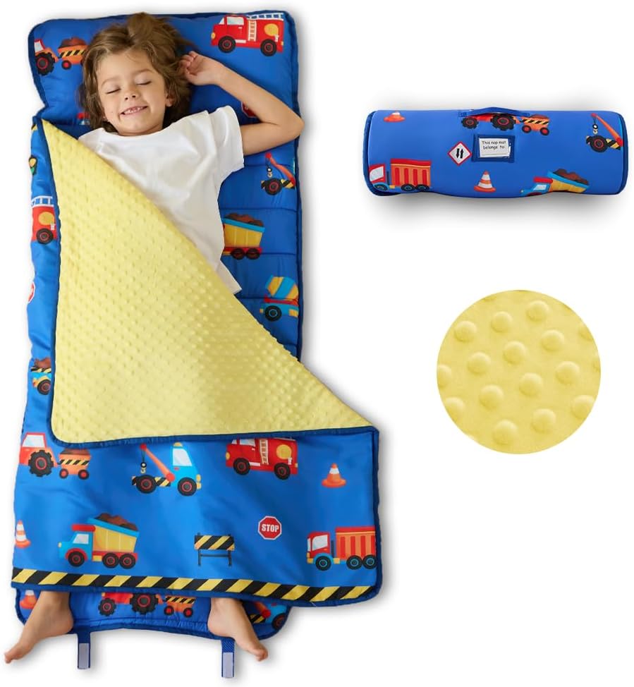 beeweed Toddler Nap Mat, Rollup Design Kid Sleeping Mat with Removable Pillow & Minky Blanket, Toddler Sleeping Bag for Daycare Preschool Travel Camping