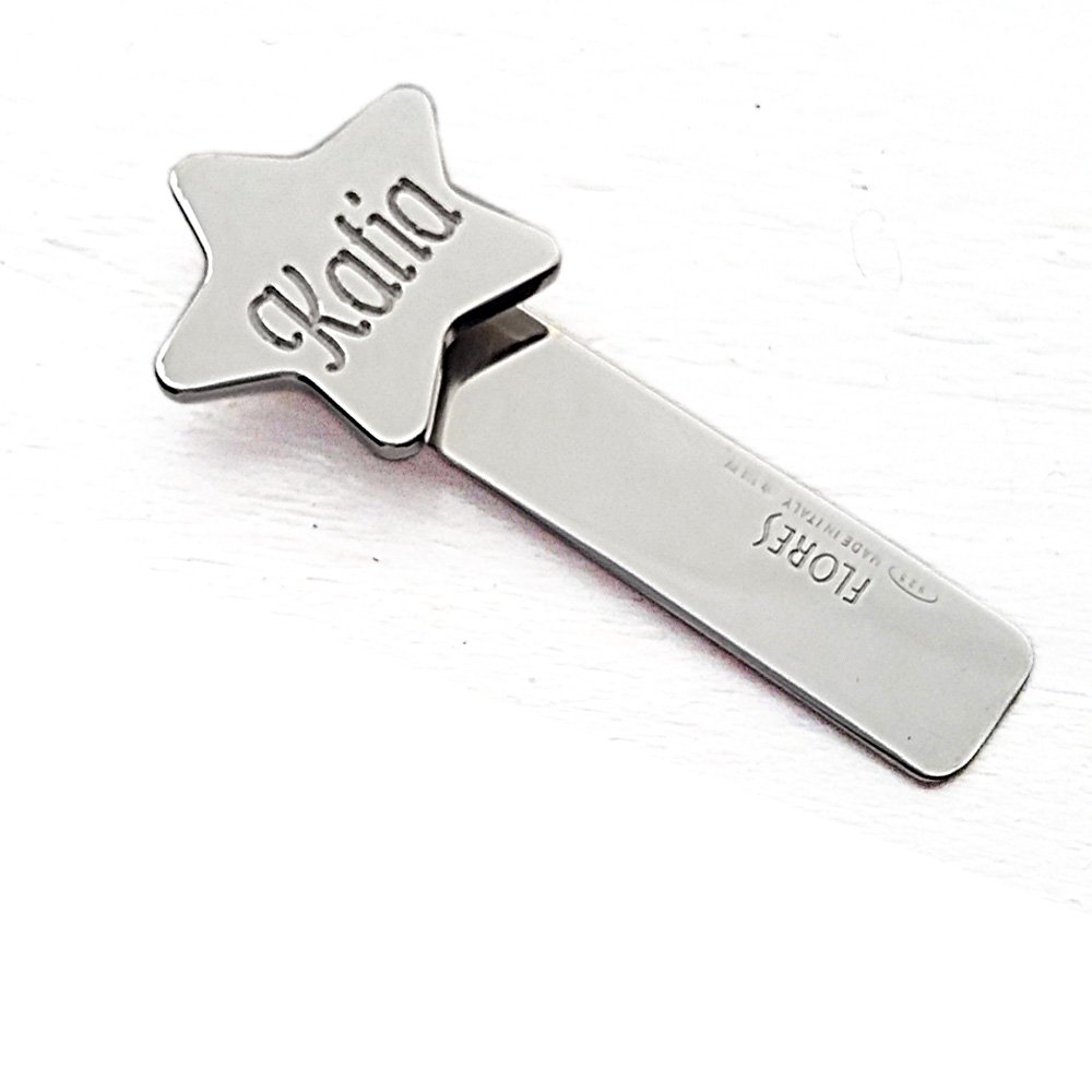 Segnalibro a forma di stella in argento 925/1000 con incisione personalizzata.