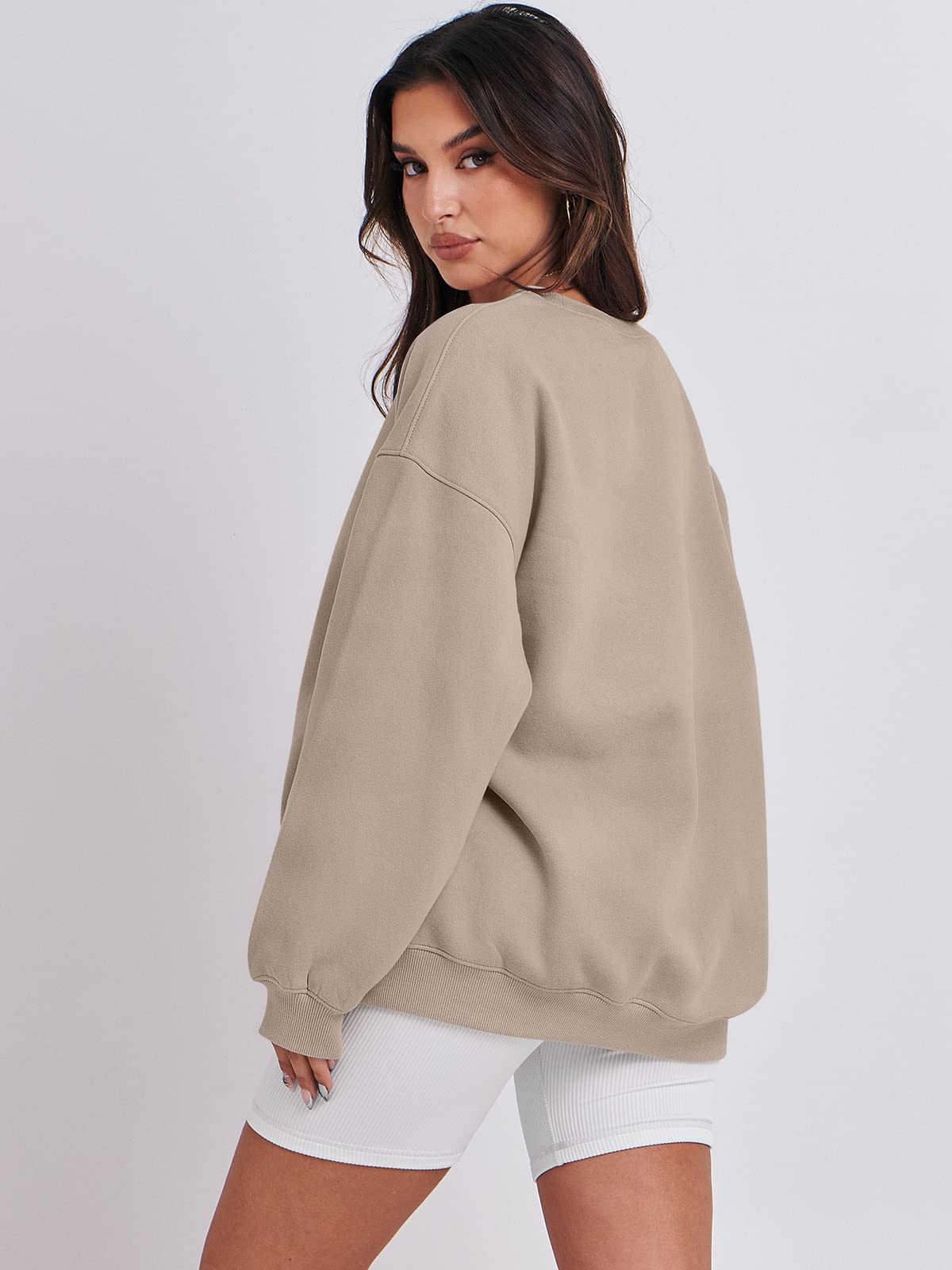 Damskie bluzy oversize bluzy z kapturem polar okrągły dekolt sweter top codzienne jesienne stroje preppy ubrania nastolatki 2024 A1019 światło, Jeden kolor, Light Brown_L