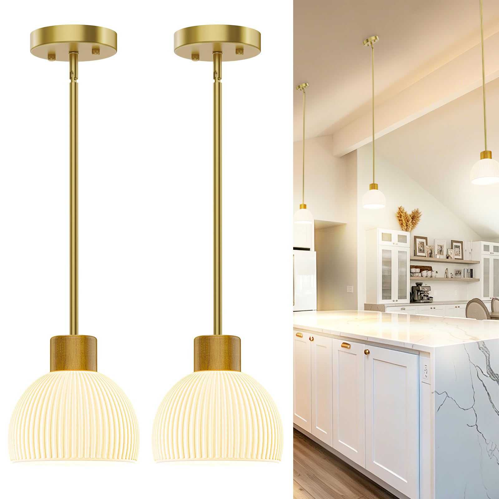 Photo 1 of **Only one** PRTILOUD Pendant Lights Kitchen Island, Modern Gold Hanging Light Fixture with Glass Shade, Hardwired Adjustable Metal Rod for Dining Room, Entryway (2, Gold)