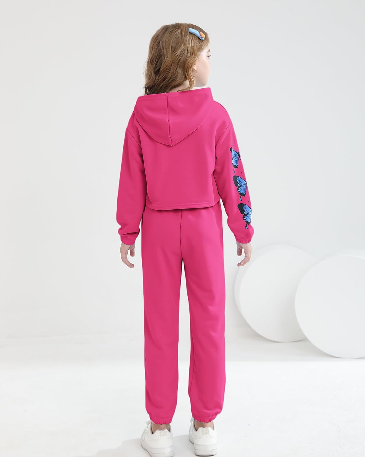 YOURUIKEY Girls' Clothing Set Butterfly Print Crop Top Hoodies Sweatpants 2 Piece Outfits Kids Sweatsuit Tracksuit Jogger Set