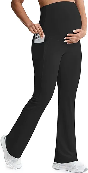 Mama Land Buttery Soft Maternity Flare Leggings Over The Belly 32"/34" - Workout Yoga Pregnancy Pants with Pockets