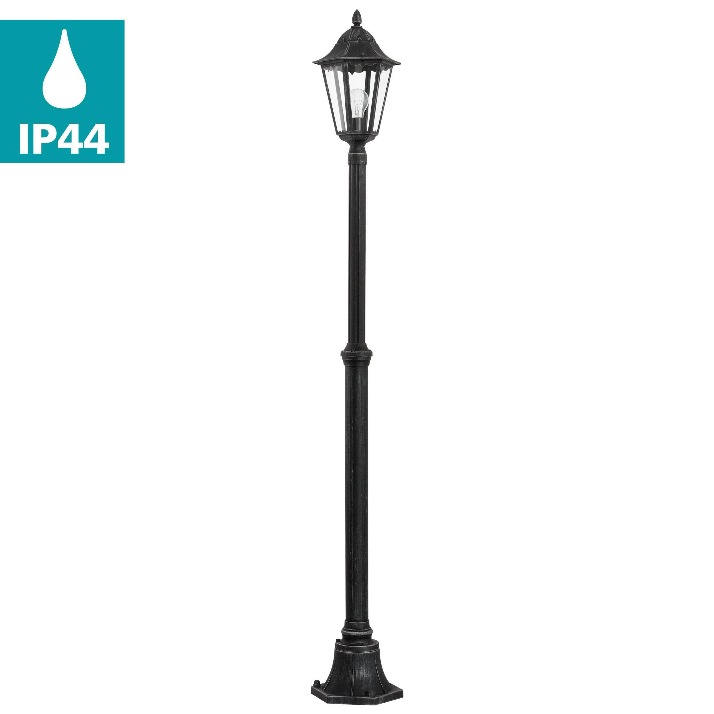 Eglo Lámpara de pie de exterior Navedo, luz de exterior de 1 foco, lámpara de pie de aluminio fundido y cristal, color negro, plata-patina, portalámparas E27, altura 200 cm, IP44
