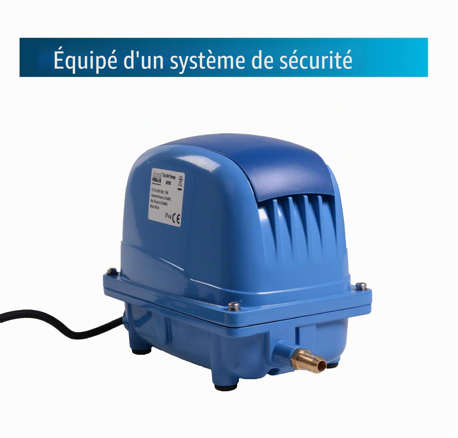 Aquaforte Ap-45 Pompe à Air, 25 Watt, max. Pression 3,0 m, Convient aux Piscines et Bassins jusqu'à 28m3, Poissons max. 24.000 Litres, Koi max. 12.000 Litres, 2,9 Kg, Sortie 16,5 mm.