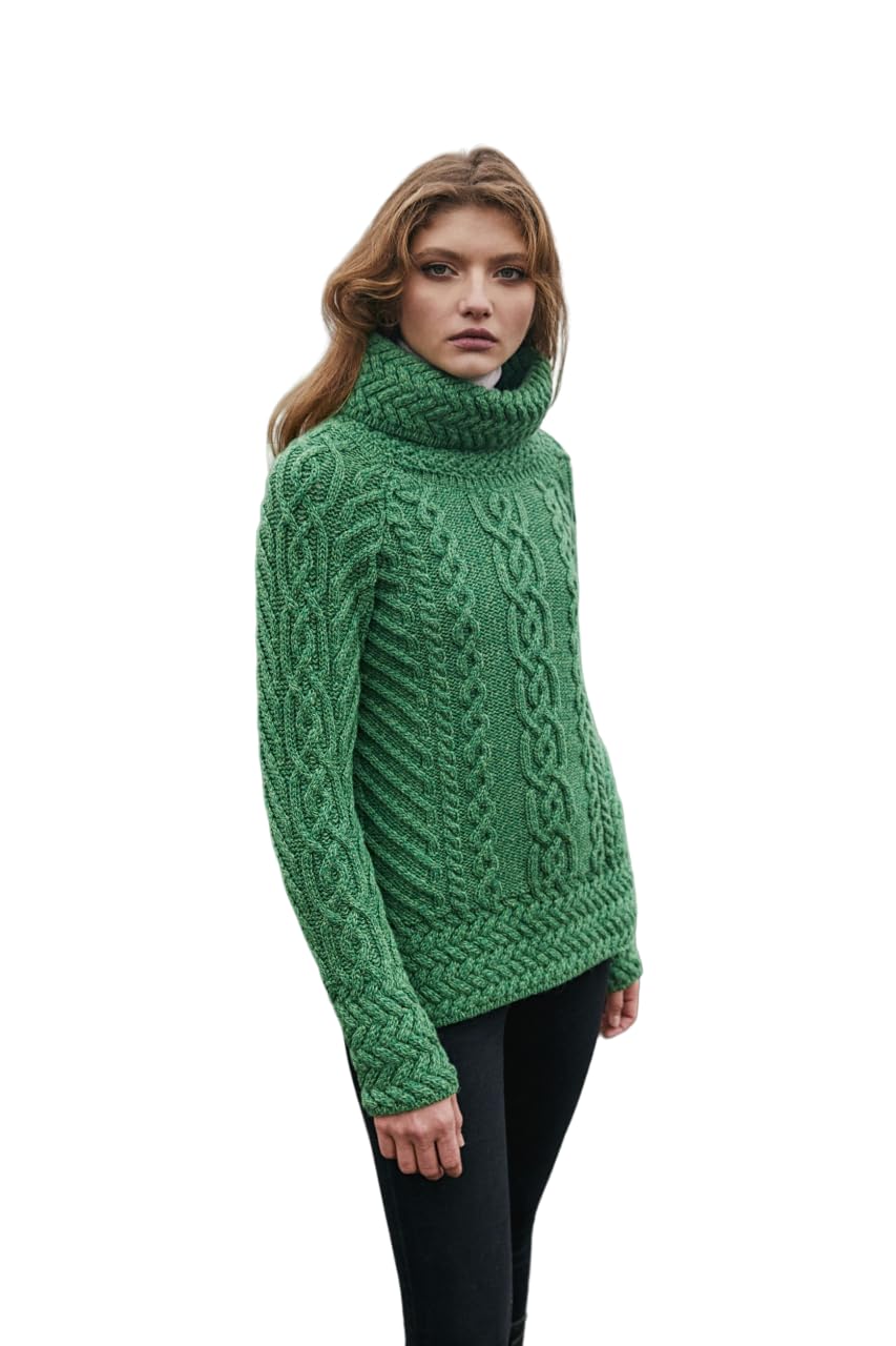 SAOL Aran Irish Sweater for Women - Made of 100 Merino Wool - Ireland Fisherman Cable Knit Ladies