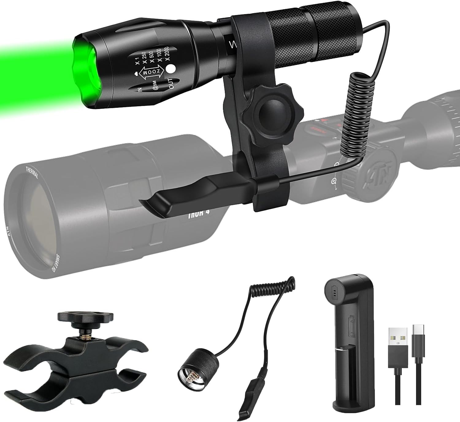 WINDFIRE Green Light LED Flashlight Super Bright Zoomable Waterproof Outdoor Tactical Hunting Flashlight Set with Pressure Switch, Picatiny Mount for Hog Coyote Varmint Hunter